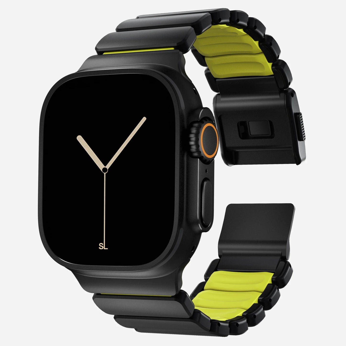 A volt yellow green colour brushed titanium metal with silicone rubber hybrid strap on an Apple watch series 11 and ultra 3 42mm 45mm 46mm 49mm built with magnetic clasps