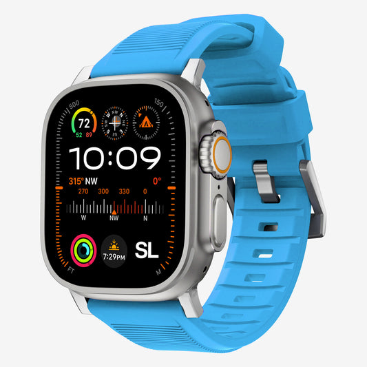 New blue silicon with metal connectors, pin and buckle watch strap with compression grooves designed for apple watch series 10 42mm, 46mm and Ultra 2 side angle