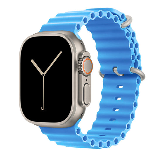 A blue colour watch strap band made from silicone  with two metal buckles on an Apple watch series 10 42mm/ 45mm/ 46mm and ultra 2 designed for the ocean and active sports