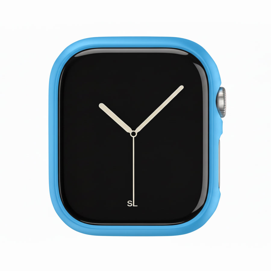 blue Colour made from polycarbonate material protector with a strong built in tempered glass screen to protect your apple watch series 11 42mm and 46mm from damage displayed on a tilted angle