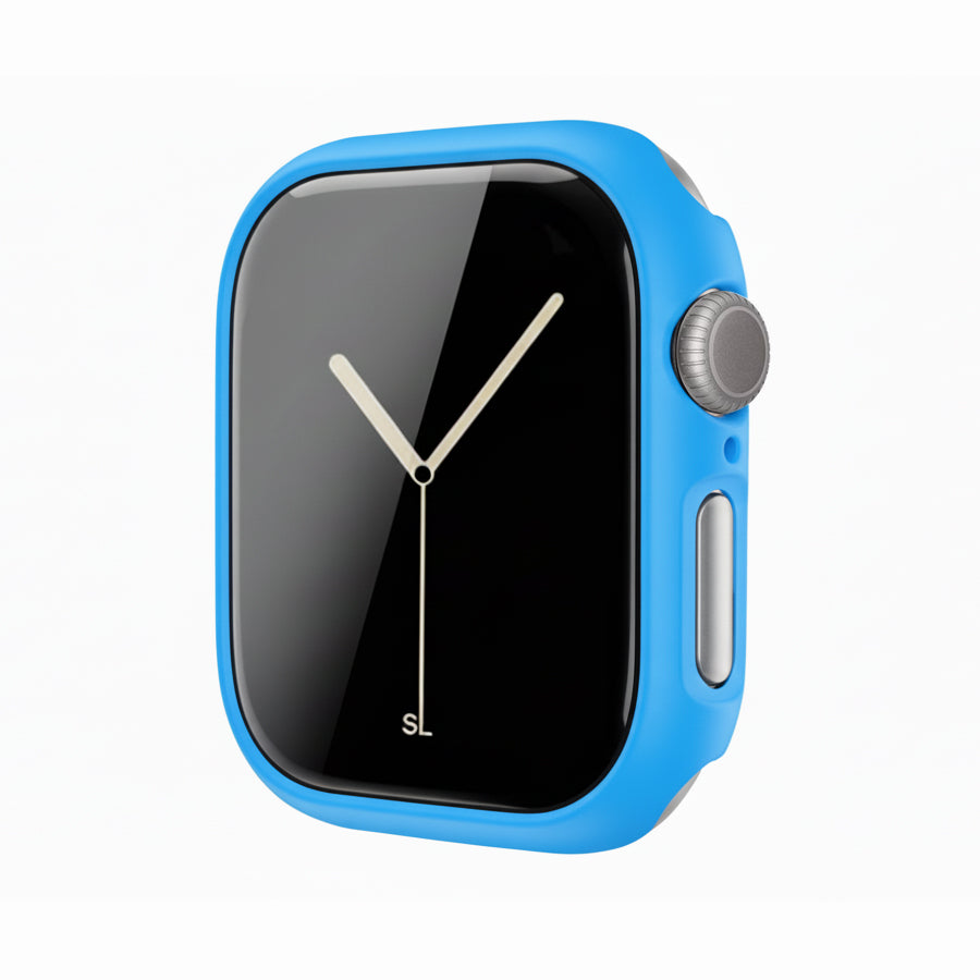 blue Colour made from polycarbonate material protector with a strong built in tempered glass screen to protect your apple watch series 11 42mm and 46mm from damage displayed on a tilted angle