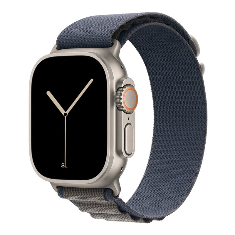 A blue colour with silver buckle premium nylon watch strap band designed for adventurers and explorers that wear the Apple watch series 10 and Ultra 2