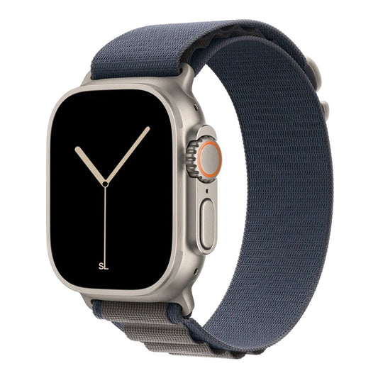 A blue colour with silver buckle premium nylon watch strap band designed for adventurers and explorers that wear the Apple watch series 10 and Ultra 2