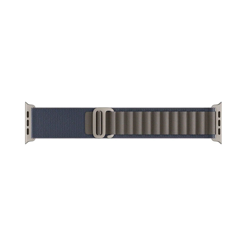 A blue colour with silver buckle premium nylon watch strap band designed for adventurers and explorers that wear the Apple watch series 10 and Ultra 2