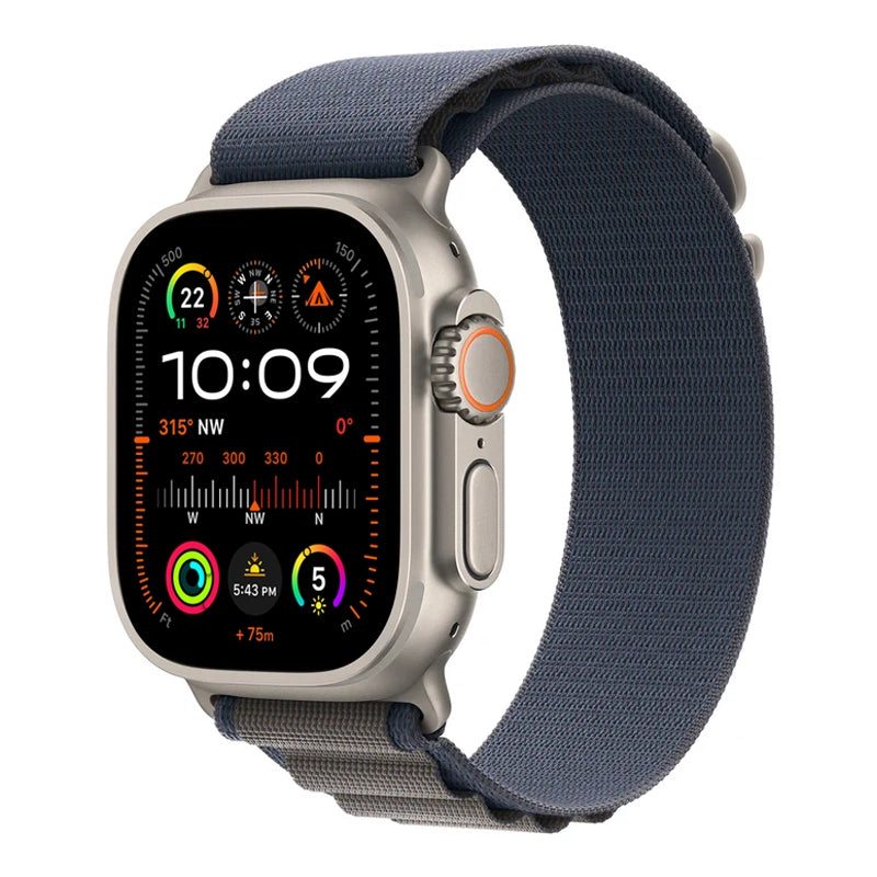 A blue colour premium nylon watch strap band designed for adventurers and explorers that wear the Apple watch series 10 and Ultra 2