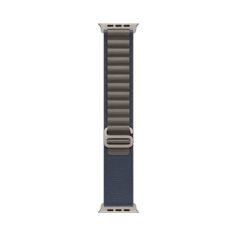 A blue colour premium nylon watch strap band designed for adventurers and explorers that wear the Apple watch series 10 and Ultra 2