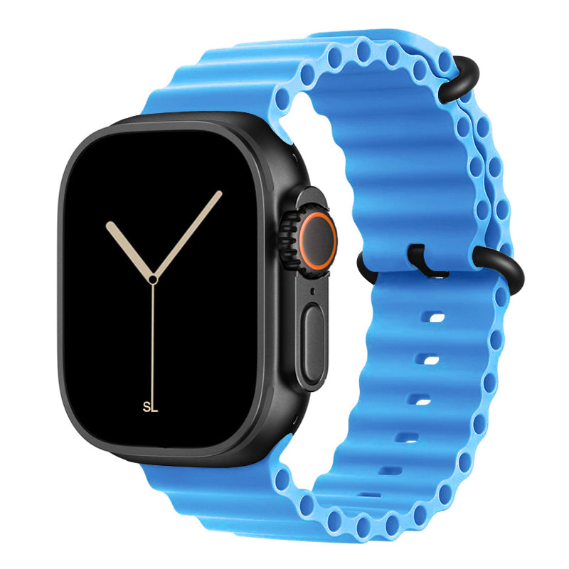 A blue colour watch strap band made from silicone  with two metal buckles on an Apple watch series 10 42mm/ 45mm/ 46mm and ultra 2 designed for the ocean and active sports