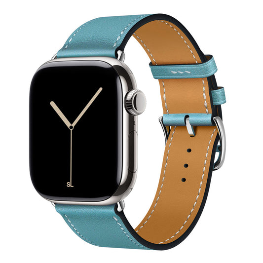 A handmade blue with white stitching genuine leather single tour watch strap on an apple watch series 11 42mm and 45mm and 46mm.