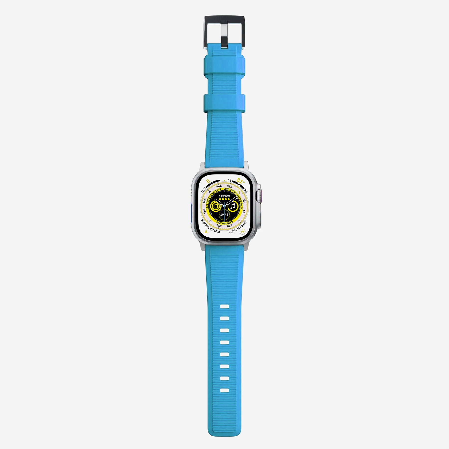 New blue silicon with metal connectors, pin and buckle watch strap with compression grooves designed for apple watch series 10 42mm, 46mm and Ultra 2 side angle