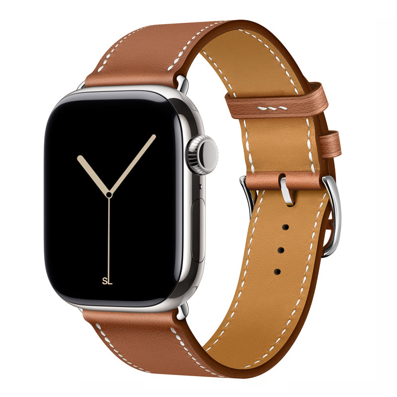 A handmade brown with white stitching genuine leather single tour watch strap on an apple watch series 11 42mm and 45mm and 46mm.