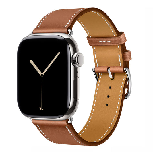 A handmade brown with white stitching genuine leather single tour watch strap on an apple watch series 11 42mm and 45mm and 46mm.