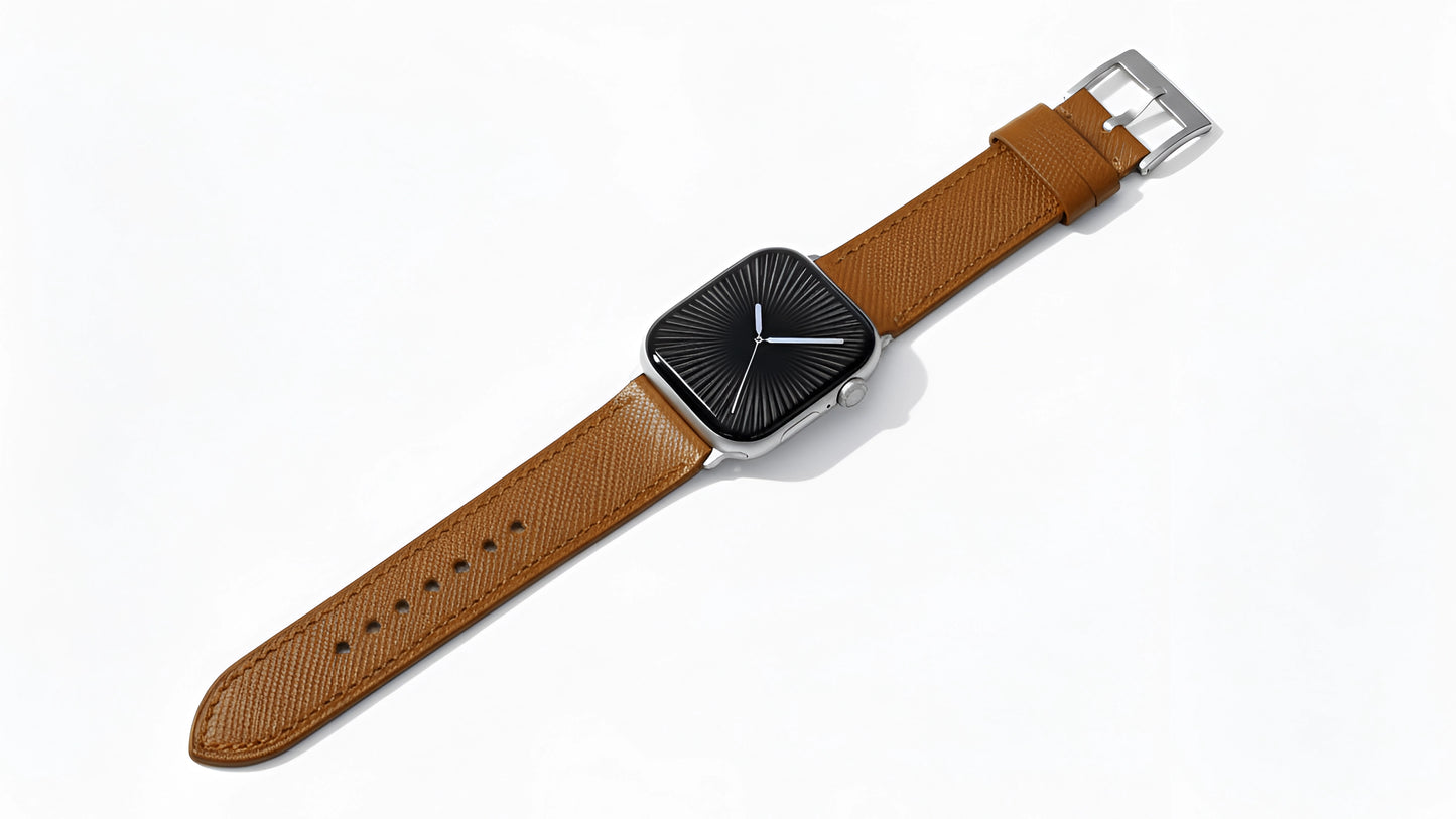 A set of brown coloured Saffiano leather pattern handcrafted for apple watch series 11 45mm and 46mm  made for people to wear to work or to fancy event