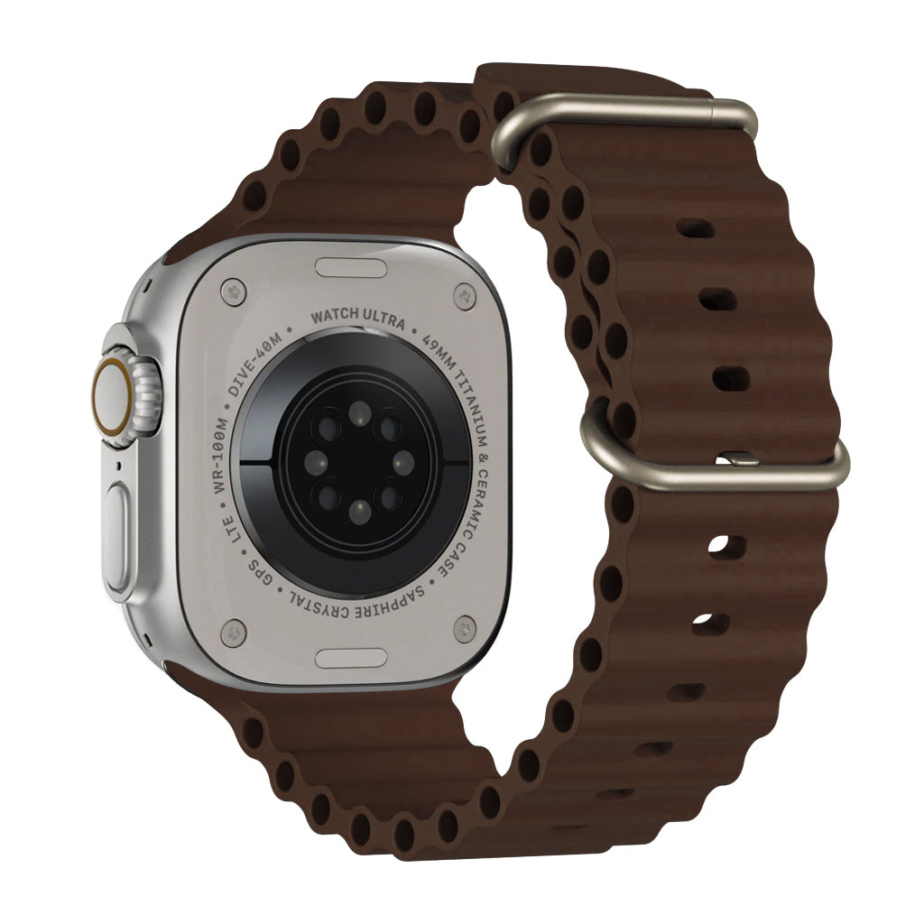 A Brown colour watch strap band made from silicone  with two metal buckles on an Apple watch series 10 42mm/ 45mm/ 46mm and ultra 2 designed for the ocean and active sports