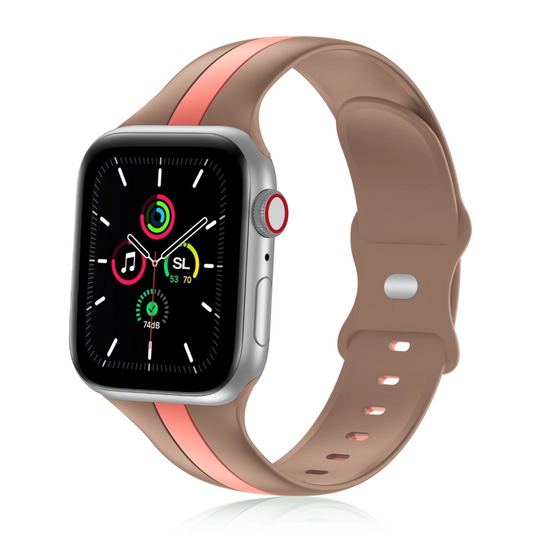 A tan and pink two colour silicon sport strap for apple watch series 9 41mm