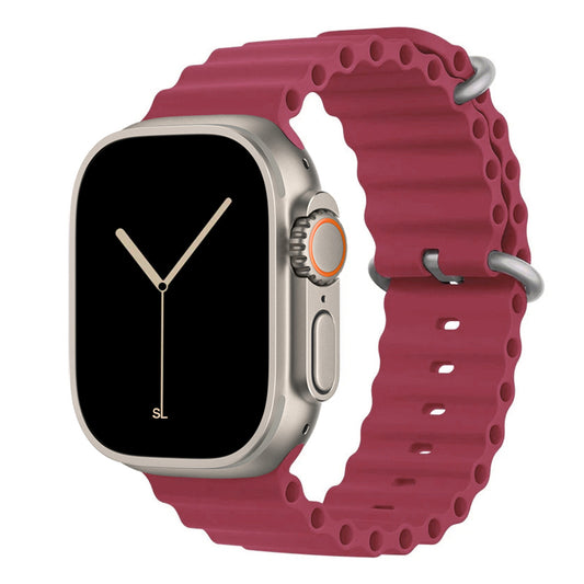 A burgundy colour watch strap band made from silicone  with two metal buckles on an Apple watch series 10 42mm/ 45mm/ 46mm and ultra 2 designed for the ocean and active sports