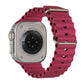 A burgundy colour watch strap band made from silicone  with two metal buckles on an Apple watch series 10 42mm/ 45mm/ 46mm and ultra 2 designed for the ocean and active sports