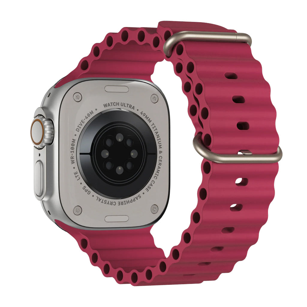 A burgundy colour watch strap band made from silicone  with two metal buckles on an Apple watch series 10 42mm/ 45mm/ 46mm and ultra 2 designed for the ocean and active sports