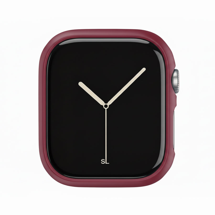 burgundy red Colour made from polycarbonate material protector with a strong built in tempered glass screen to protect your apple watch series 11 42mm and 46mm from damage displayed on a tilted angle