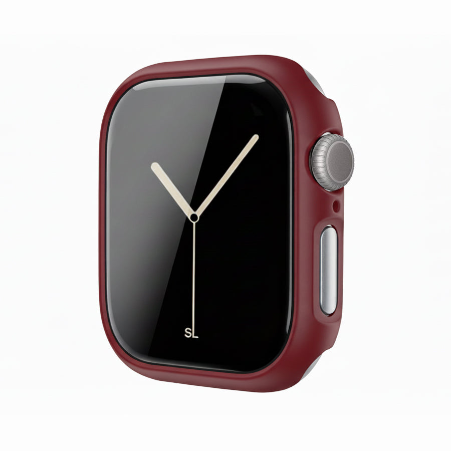 burgundy red Colour made from polycarbonate material protector with a strong built in tempered glass screen to protect your apple watch series 11 42mm and 46mm from damage displayed on a tilted angle