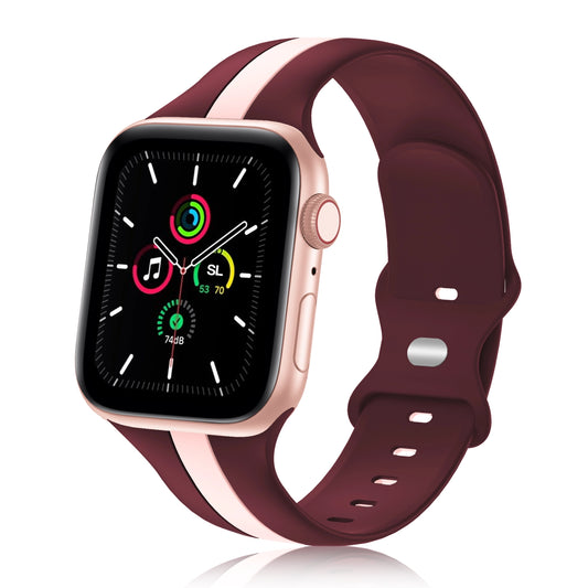 A burgundy and pink two colour silicon sport strap for apple watch series 9 41mm