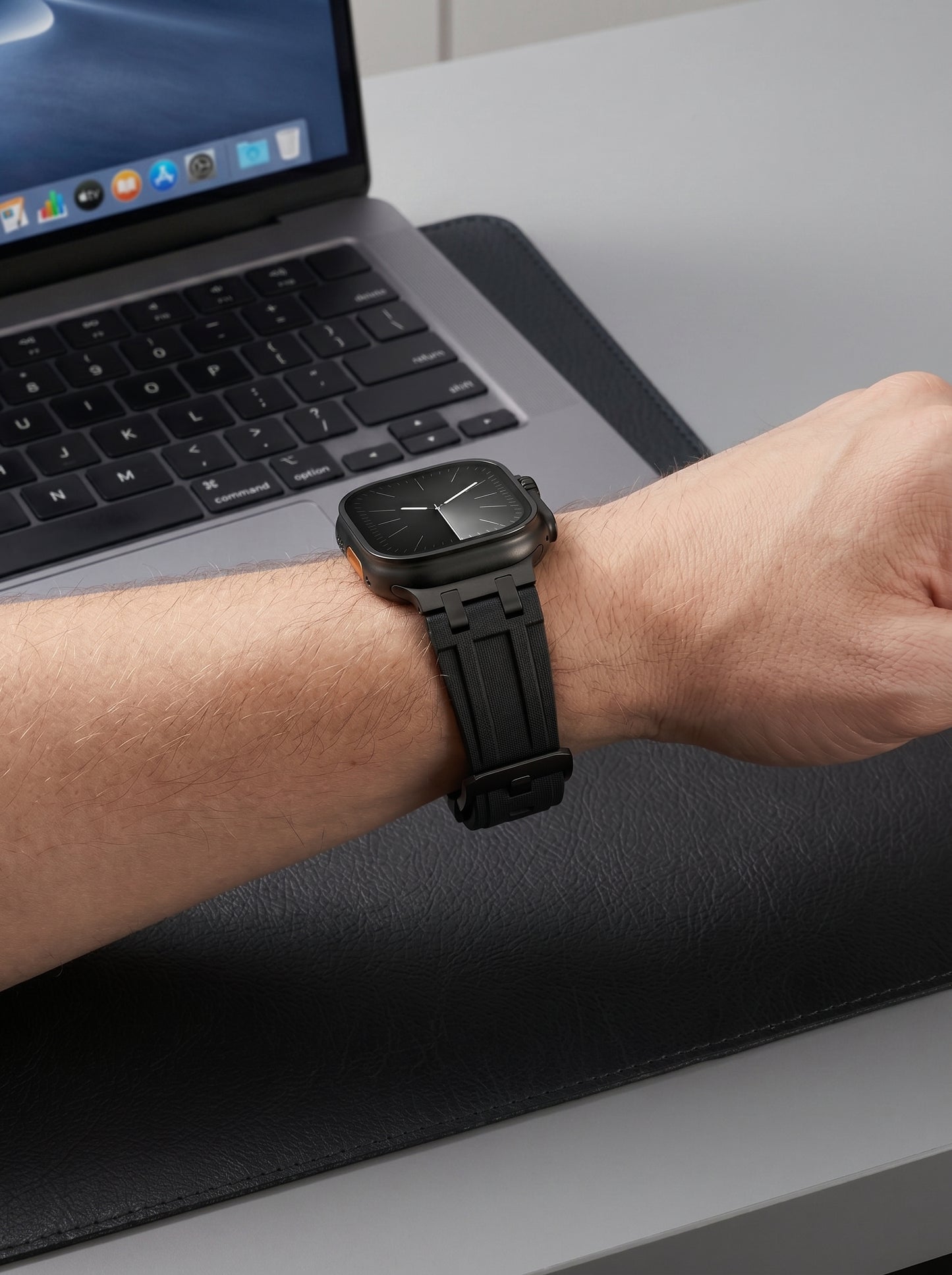 black colour apple watch strap made with FKM rubber premium with micro checkered texture for apple watch series 11 45m 46mm and ultra 1 - 3