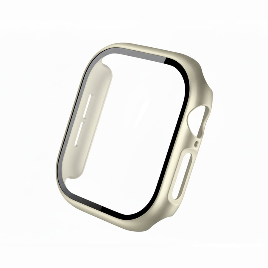champagne gold Colour made from polycarbonate material protector with a strong built in tempered glass screen to protect your apple watch series 11 42mm and 46mm from damage displayed on a tilted angle