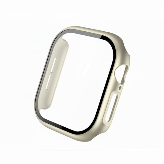 champagne gold Colour made from polycarbonate material protector with a strong built in tempered glass screen to protect your apple watch series 11 42mm and 46mm from damage displayed on a tilted angle