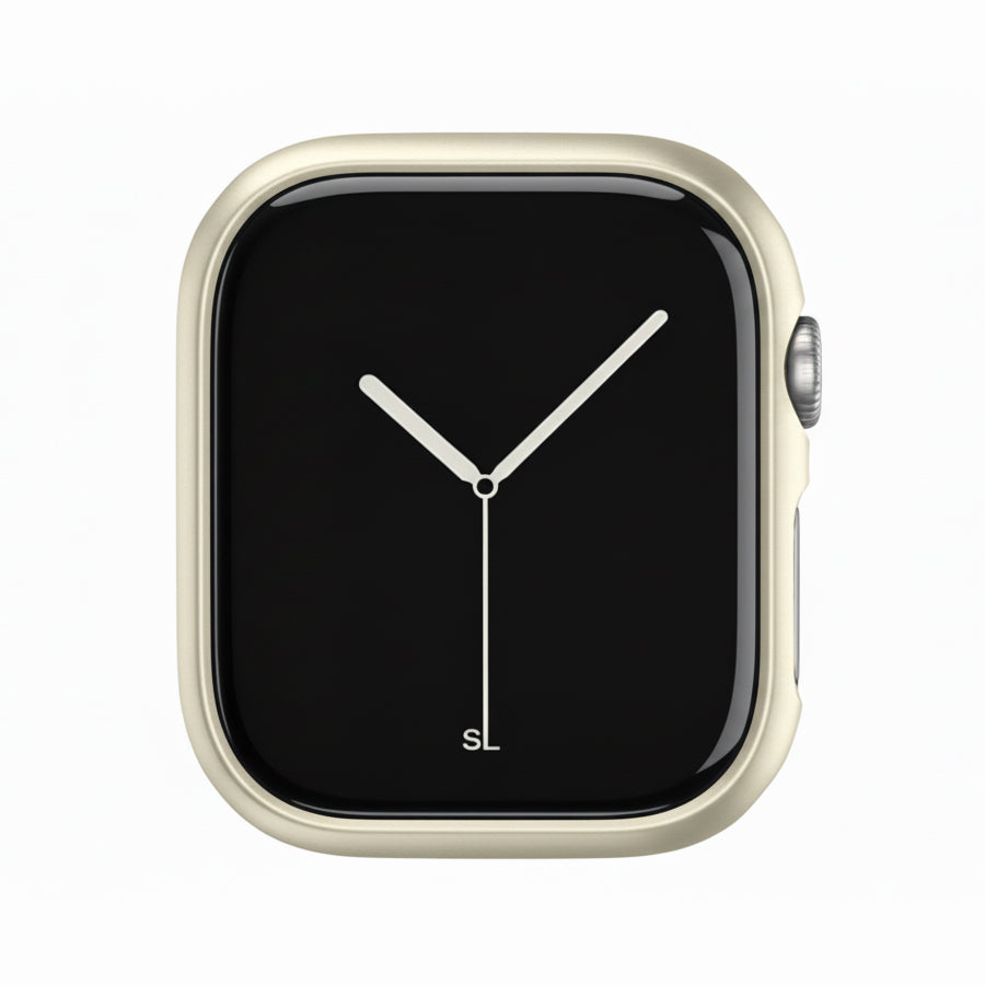 champagne gold Colour made from polycarbonate material protector with a strong built in tempered glass screen to protect your apple watch series 11 42mm and 46mm from damage displayed on a tilted angle