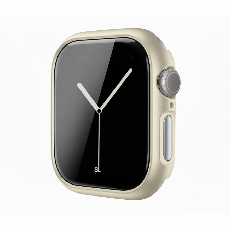 champagne gold Colour made from polycarbonate material protector with a strong built in tempered glass screen to protect your apple watch series 11 42mm and 46mm from damage displayed on a tilted angle