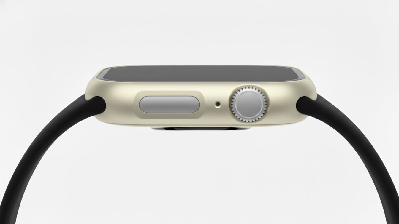 champagne gold Colour made from polycarbonate material protector with a strong built in tempered glass screen to protect your apple watch series 11 42mm and 46mm from damage displayed on a tilted angle