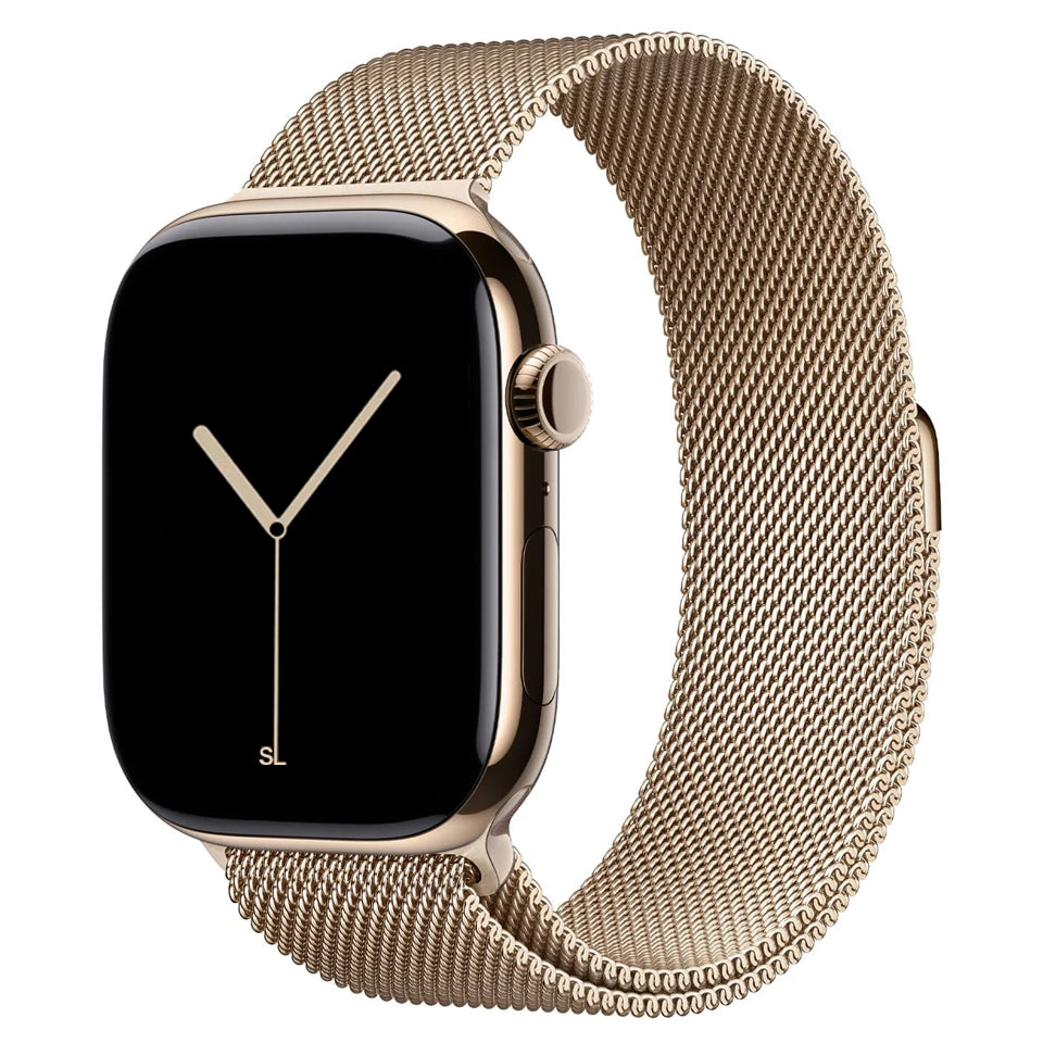 A champagne gold colour stainless steel milanese watch strap for the latest apple watch series 11 42mm 45mm and ultra 3