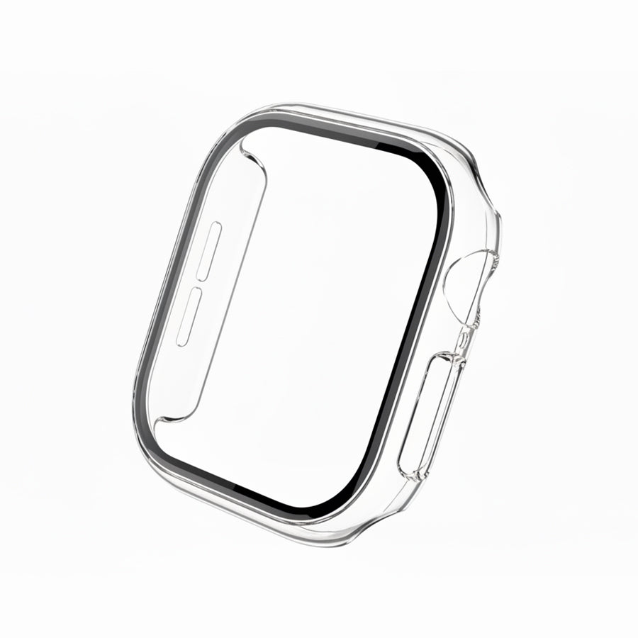 Clear Transparent Colour made from polycarbonate material protector with a strong built in tempered glass screen to protect your apple watch series 11 42mm and 46mm from damage displayed on a tilted angle