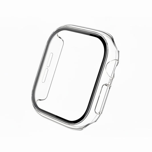 Clear Transparent Colour made from polycarbonate material protector with a strong built in tempered glass screen to protect your apple watch series 11 42mm and 46mm from damage displayed on a tilted angle