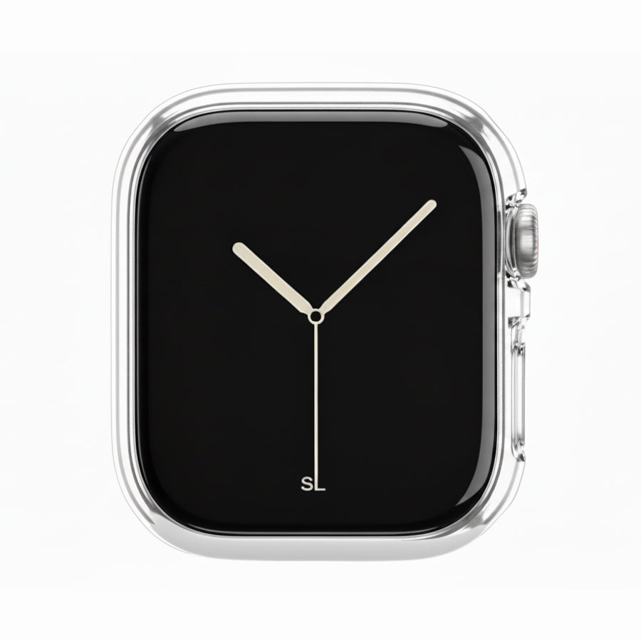 Clear Transparent Colour made from polycarbonate material protector with a strong built in tempered glass screen to protect your apple watch series 11 42mm and 46mm from damage displayed on a tilted angle