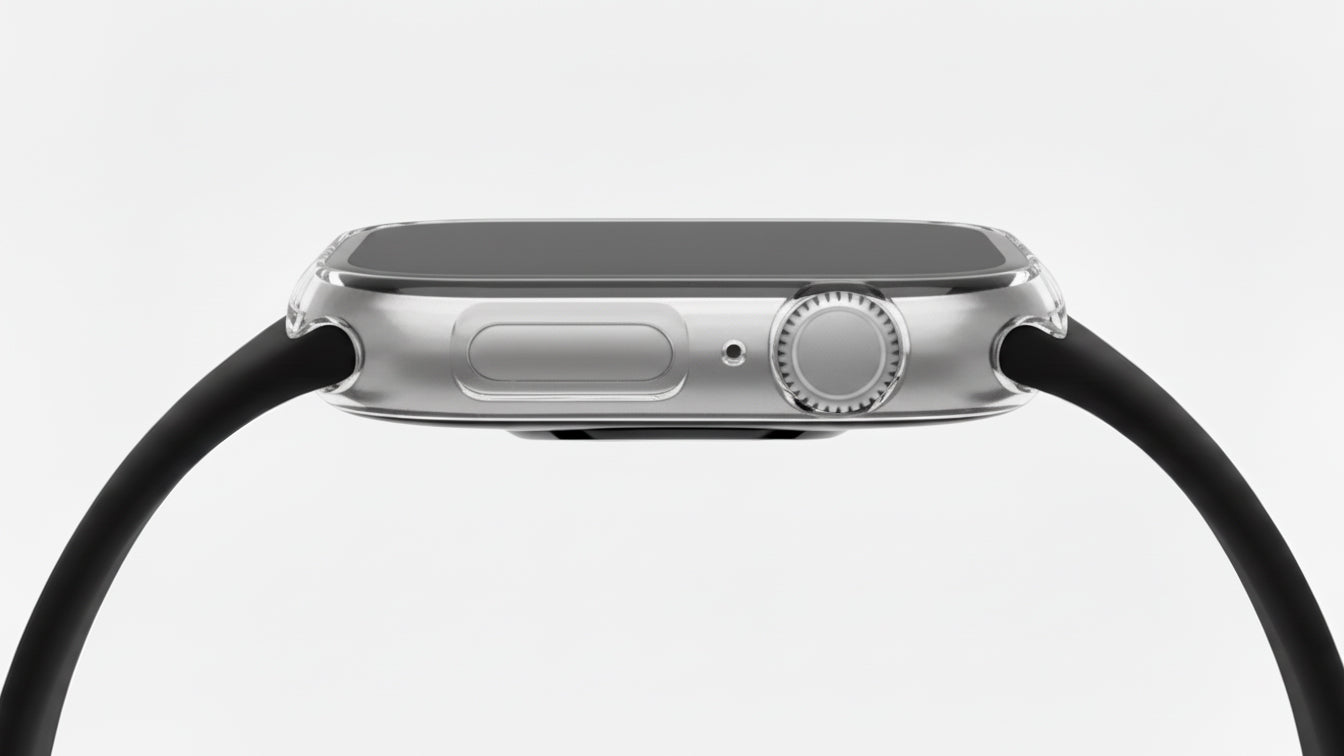 Clear Transparent Colour made from polycarbonate material protector with a strong built in tempered glass screen to protect your apple watch series 11 42mm and 46mm from damage displayed on a tilted angle