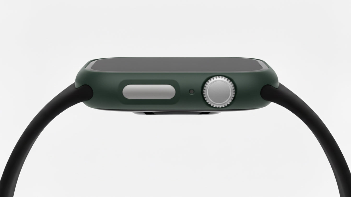 dark green Colour made from polycarbonate material protector with a strong built in tempered glass screen to protect your apple watch series 11 42mm and 46mm from damage displayed on a tilted angle