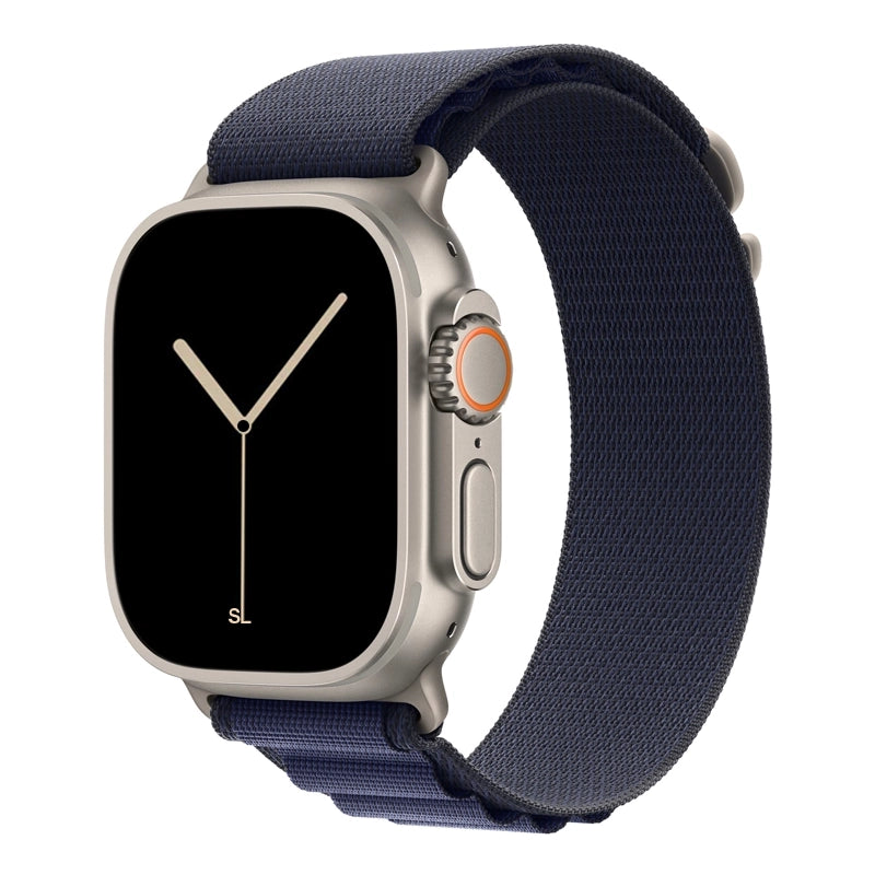 A dark blue colour with silver buckle premium nylon watch strap band designed for adventurers and explorers that wear the Apple watch series 10 and Ultra 2