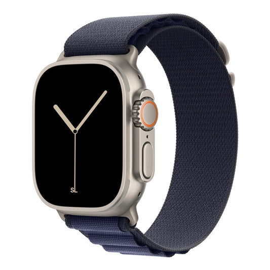 A dark blue colour with silver buckle premium nylon watch strap band designed for adventurers and explorers that wear the Apple watch series 10 and Ultra 2