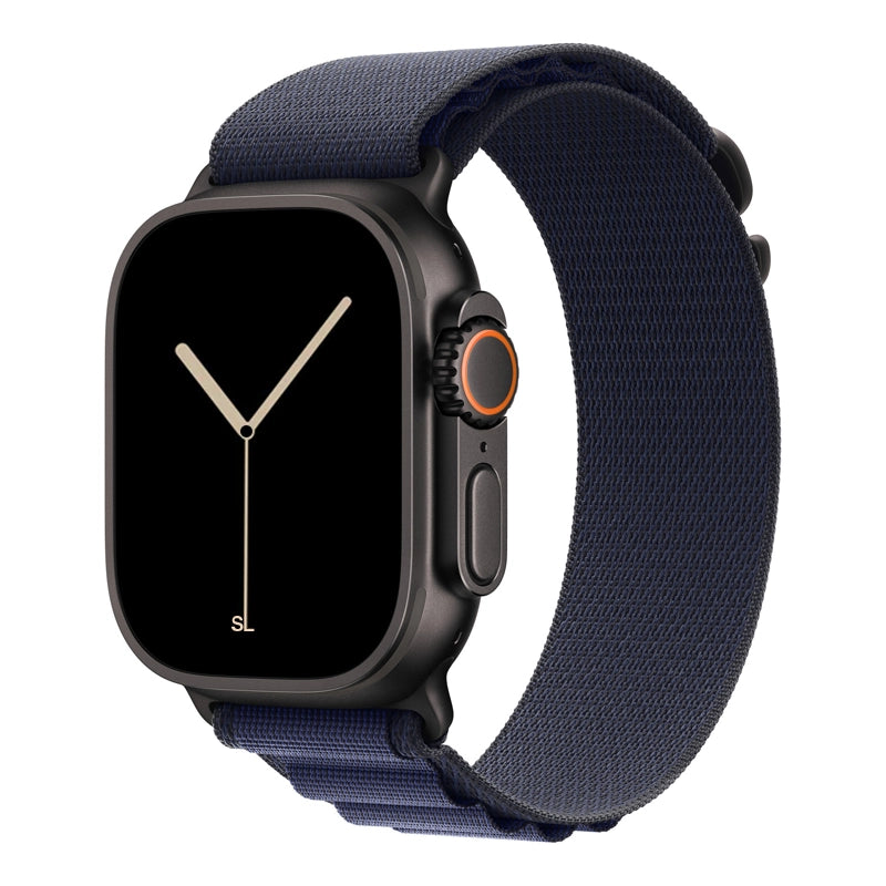 A dark blue colour with silver buckle premium nylon watch strap band designed for adventurers and explorers that wear the Apple watch series 10 and Ultra 2