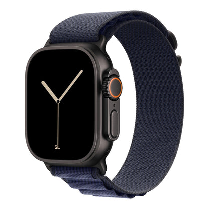 A dark blue colour with silver buckle premium nylon watch strap band designed for adventurers and explorers that wear the Apple watch series 10 and Ultra 2