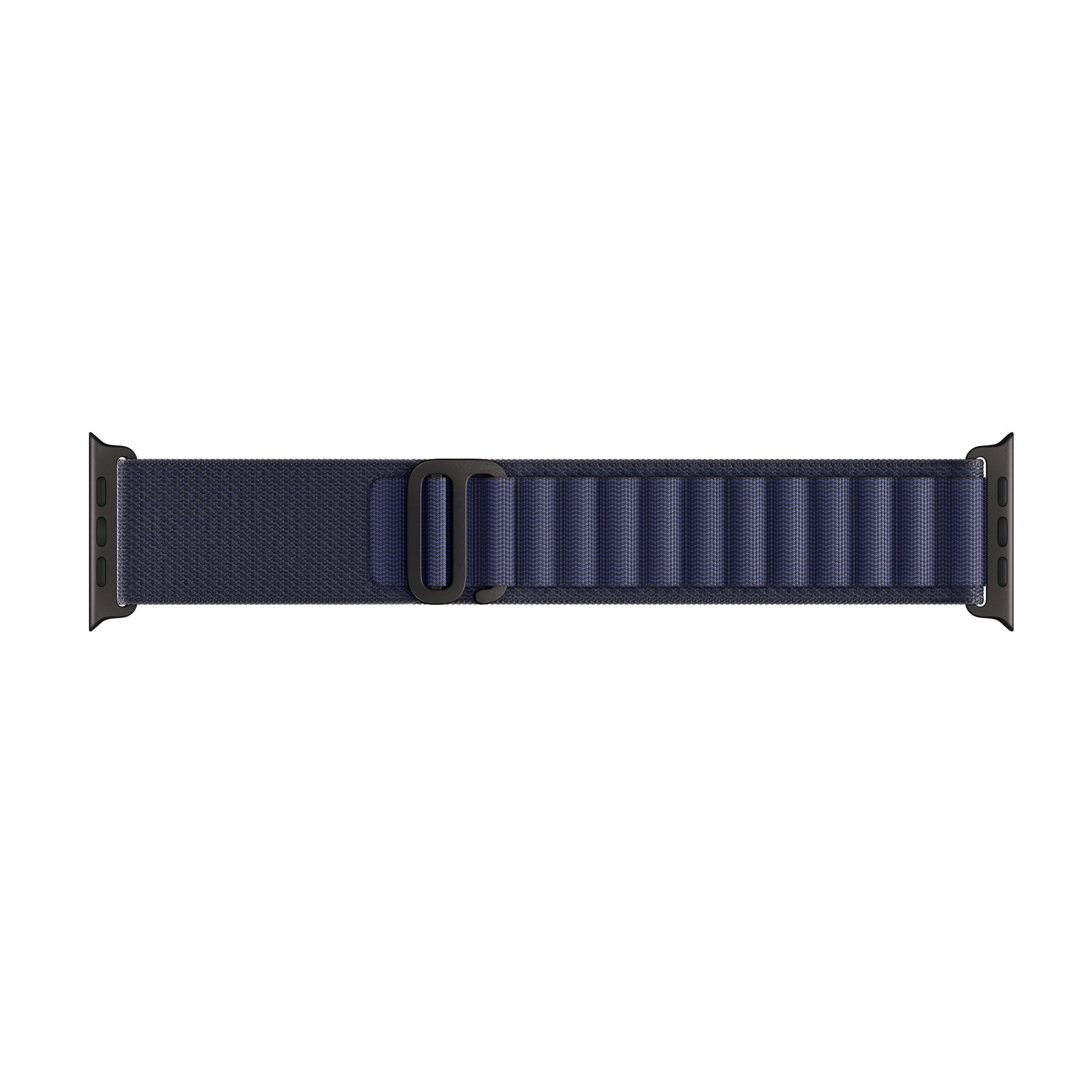 A dark blue colour with silver buckle premium nylon watch strap band designed for adventurers and explorers that wear the Apple watch series 10 and Ultra 2