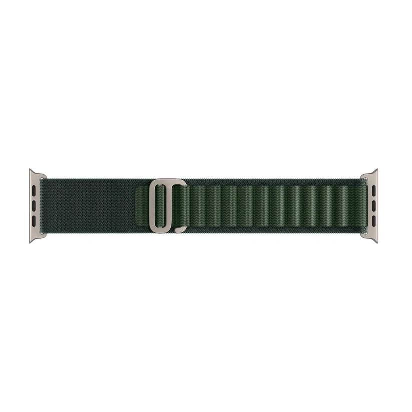 A dark green colour premium nylon watch strap band designed for adventurers and explorers that wear the Apple watch series 10 and Ultra 2
