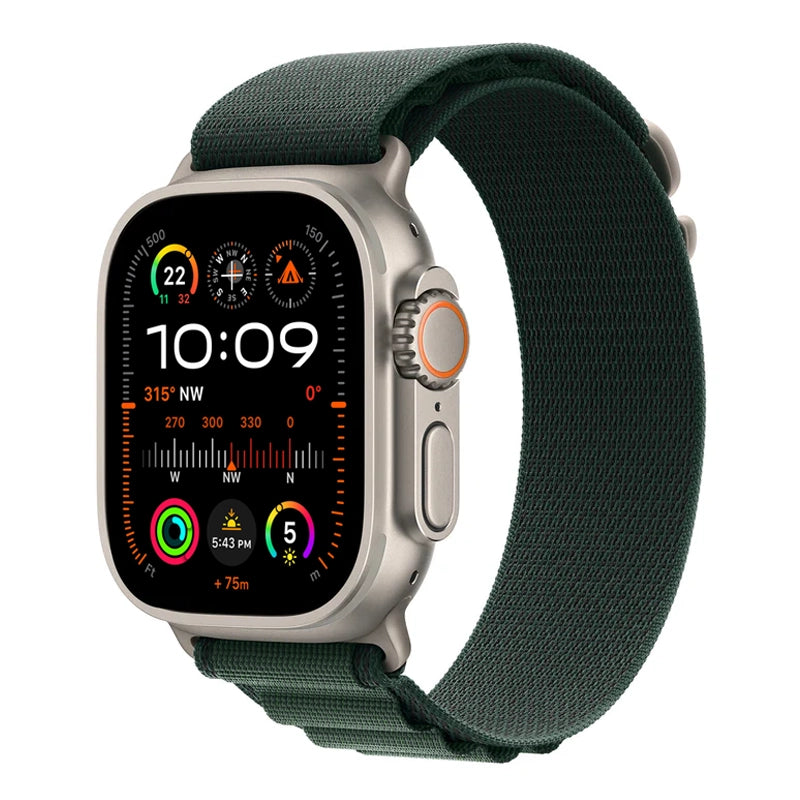 An dark green colour premium nylon watch strap band designed for adventurers and explorers that wear the Apple watch series 10 and Ultra 2