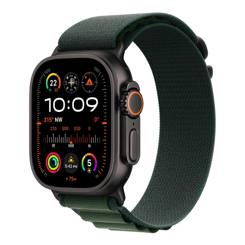 A dark green colour premium nylon watch strap band with black metal lugs and buckle designed for adventurers and explorers that wear the Apple watch series 10 and black Ultra 2