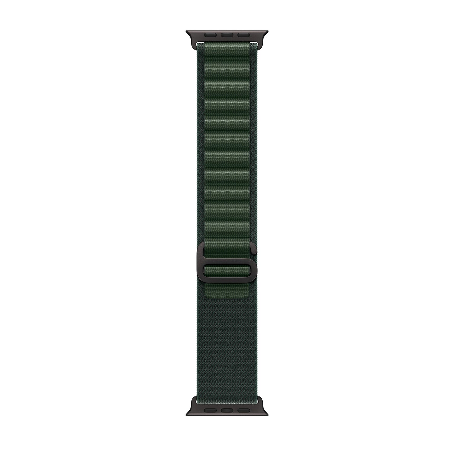 A dark green colour premium nylon watch strap band with black metal lugs and buckle designed for adventurers and explorers that wear the Apple watch series 10 and black Ultra 2