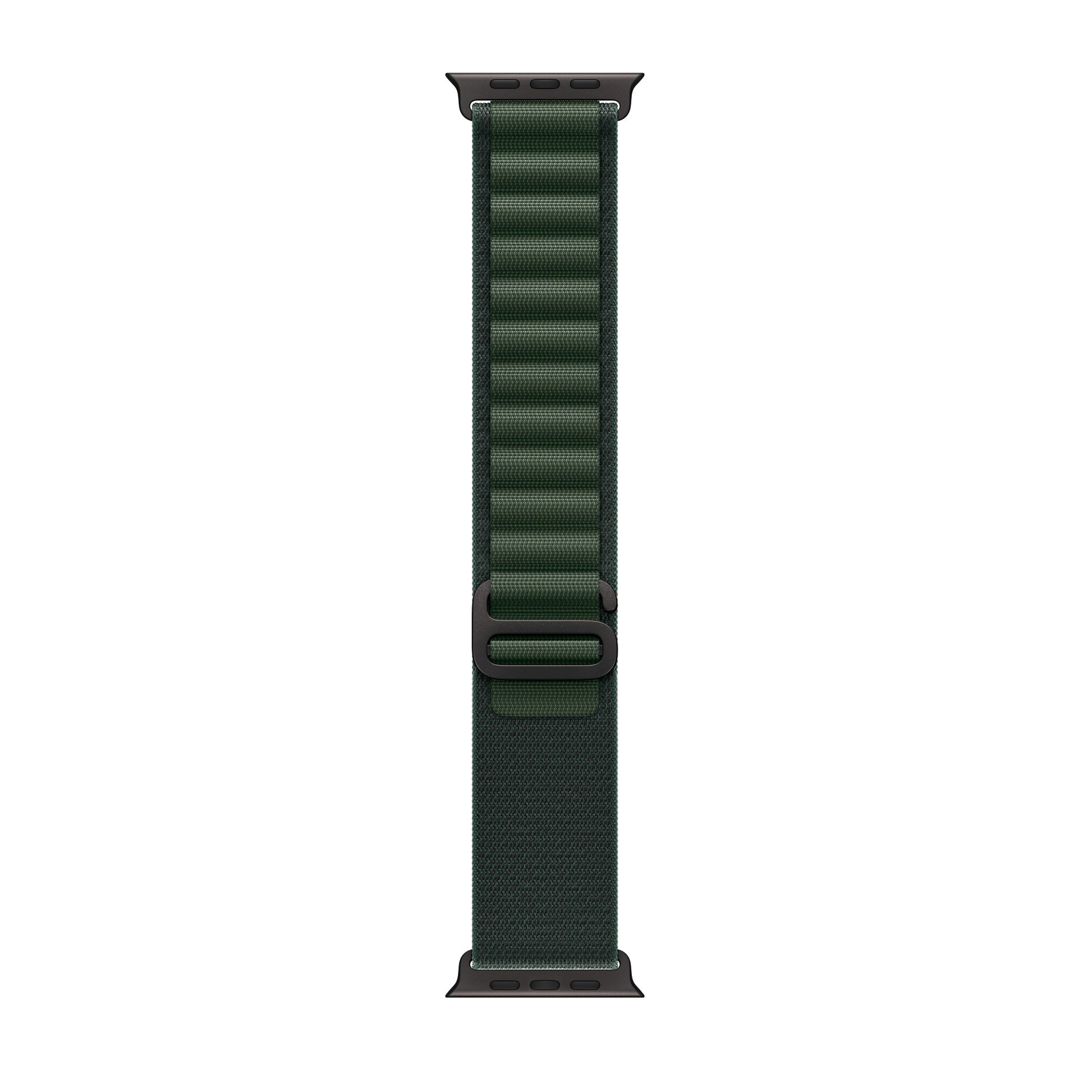 A dark green colour premium nylon watch strap band with black metal lugs and buckle designed for adventurers and explorers that wear the Apple watch series 10 and black Ultra 2