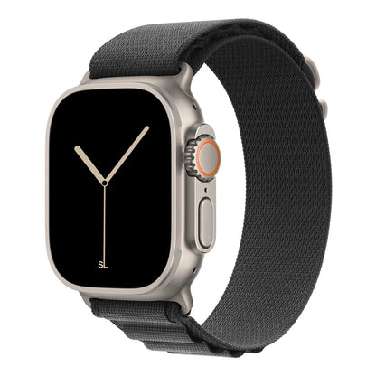 A grey colour with silver buckle premium nylon watch strap band designed for adventurers and explorers that wear the Apple watch series 10 and Ultra 2