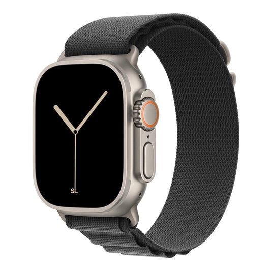 A grey colour with silver buckle premium nylon watch strap band designed for adventurers and explorers that wear the Apple watch series 10 and Ultra 2