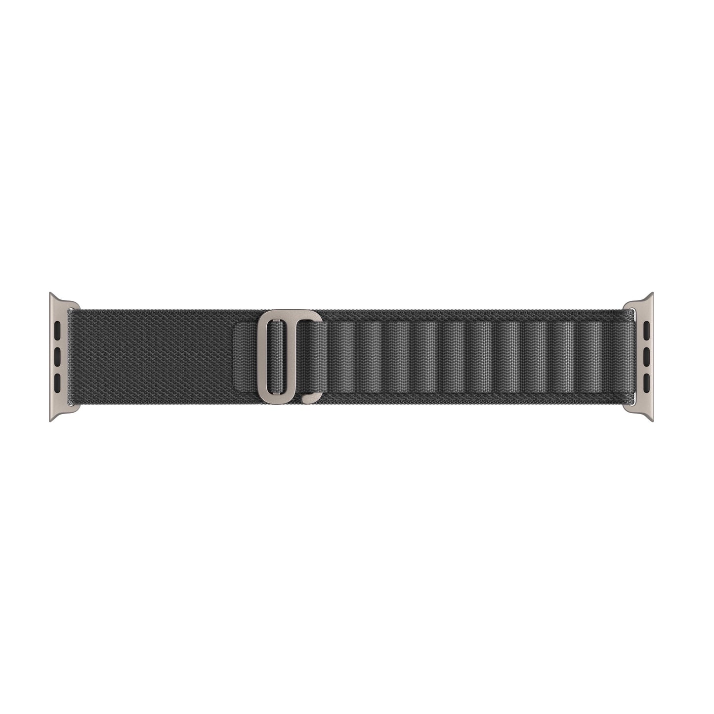 A grey colour with silver buckle premium nylon watch strap band designed for adventurers and explorers that wear the Apple watch series 10 and Ultra 2