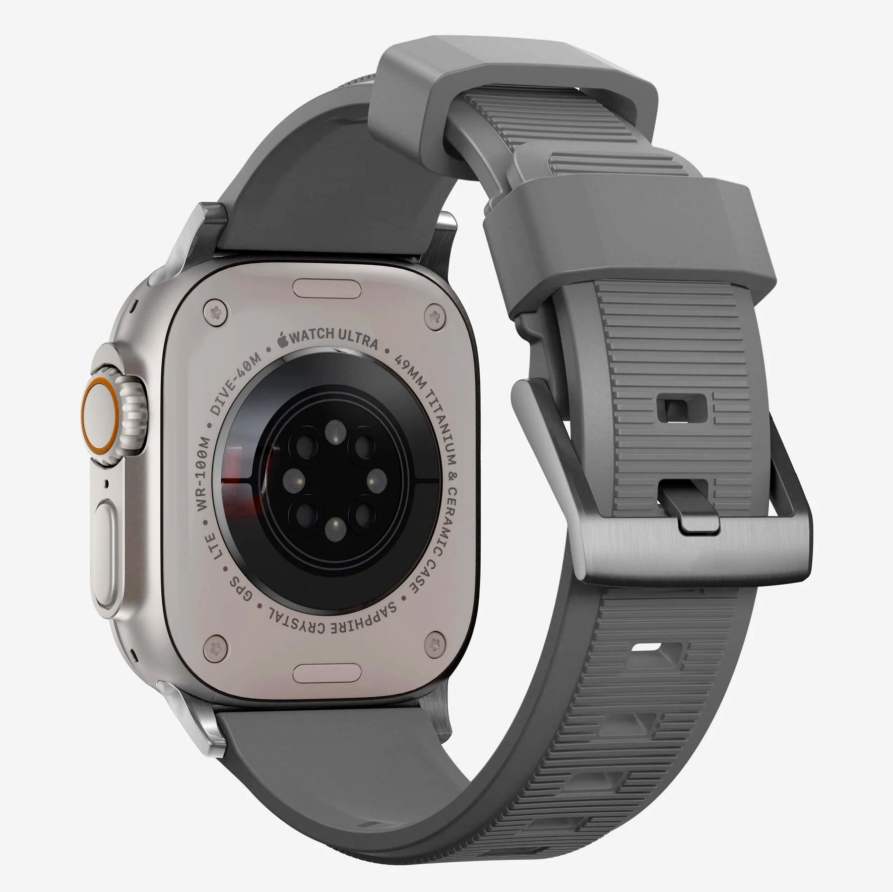 New dark grey silicone with metal connectors, pin and buckle watch strap with compression grooves designed for apple watch series 10 45mm and ultra 2 side angle